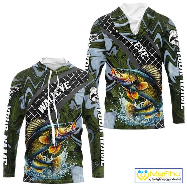 Walleye Hooded Fishing Shirt Long Sleeve Abstract Green Camo Performance Jersey For Men NHT923