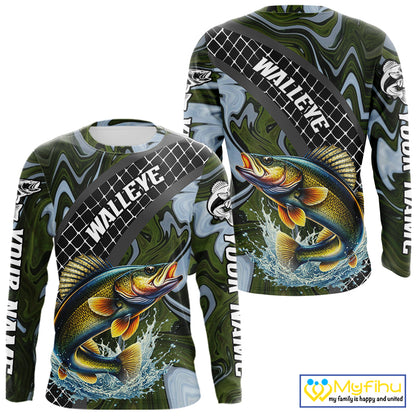 Walleye Fishing Shirts Long Sleeve Abstract Green Camo Performance Jersey For Men NHT923