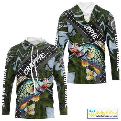 Crappie Hooded Fishing Shirt Long Sleeve Abstract Green Camo Performance Jersey For Men NHT924