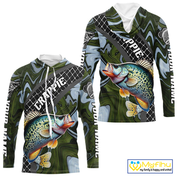Crappie Hooded Fishing Shirt Long Sleeve Abstract Green Camo Performance Jersey For Men NHT924