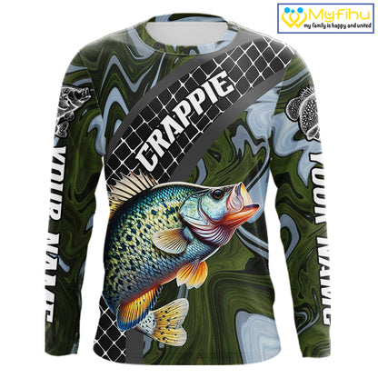Crappie Fishing Shirts Long Sleeve Abstract Green Camo Performance Jersey For Men NHT924