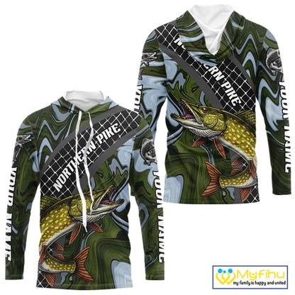 Northern Pike Hooded Fishing Shirt Long Sleeve Abstract Green Camo Performance Jersey For Men NHT925