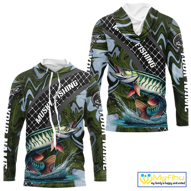 Northern Musky Hooded Fishing Shirt Long Sleeve Abstract Green Camo Performance Jersey For Men NHT926