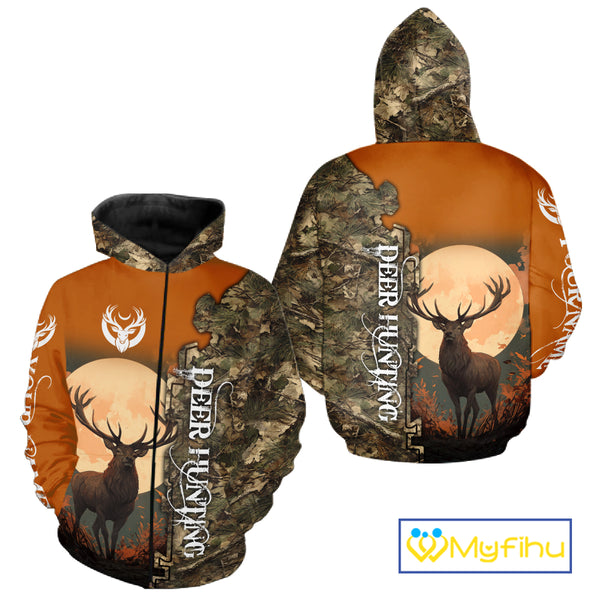 Best Orange Camo Deer Hunting Clothes 3D Full Print Full Moon Buck Design For Deer Hunters NHT41