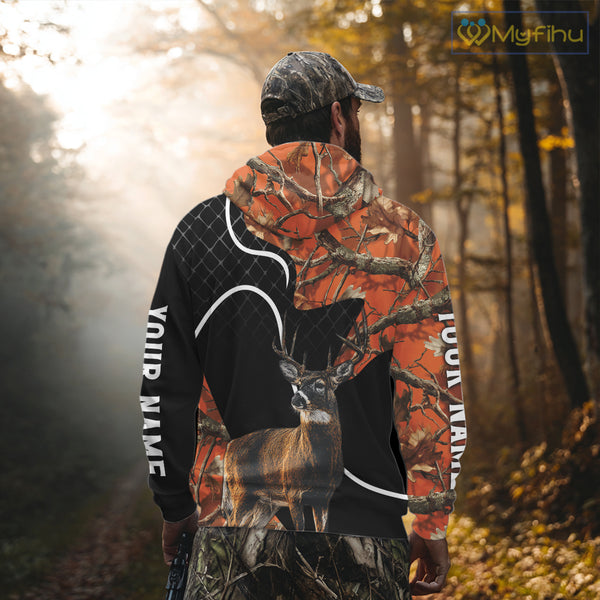 Personalized Whitetail Deer Hunting 3D All Over Printed Hoodie Orange Camo NHT369
