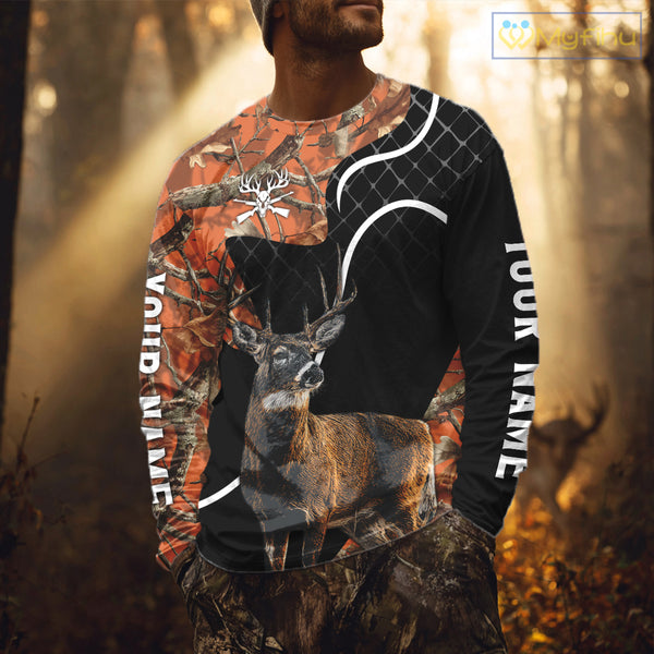 Personalized Whitetail Deer Hunting 3D All Over Printed Hoodie Orange Camo NHT369