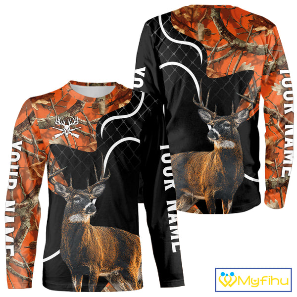 Personalized Whitetail Deer Hunting 3D All Over Printed Hoodie Orange Camo NHT369