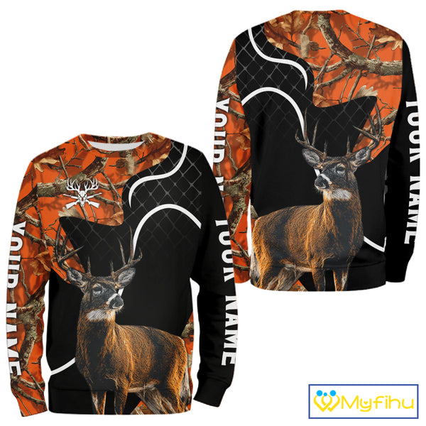 Personalized Whitetail Deer Hunting 3D All Over Printed Hoodie Orange Camo NHT369