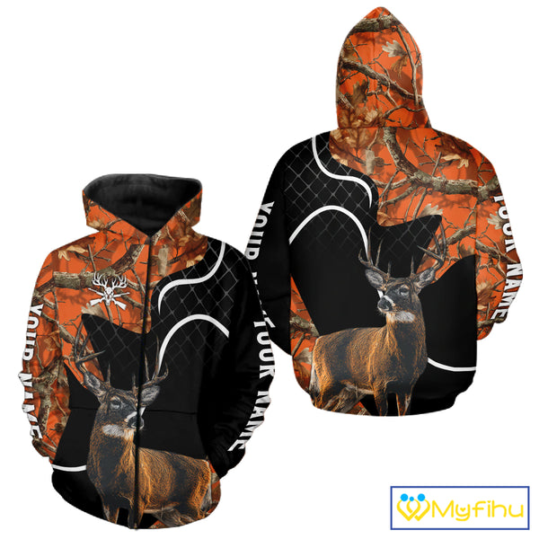 Personalized Whitetail Deer Hunting 3D All Over Printed Hoodie Orange Camo NHT369