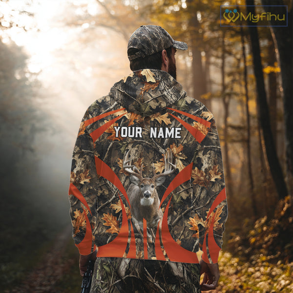 Deer Hunting 3D All Over Printed Orange Autumn Leaves Camo Shirts, Best Hunting Shirt NHT312