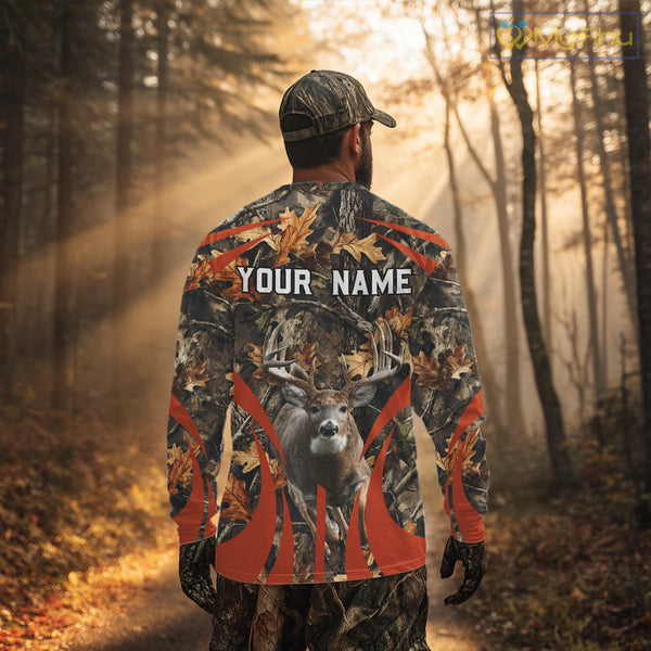 Deer Hunting 3D All Over Printed Orange Autumn Leaves Camo Shirts, Best Hunting Shirt NHT312