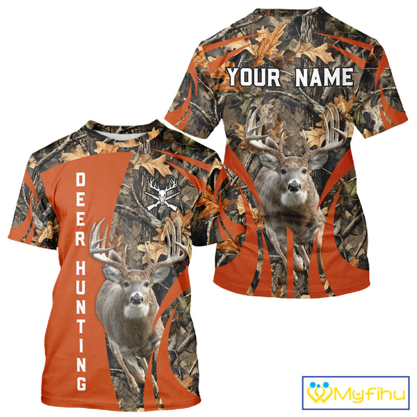 Deer Hunting 3D All Over Printed Orange Autumn Leaves Camo Shirts, Best Hunting Shirt NHT312