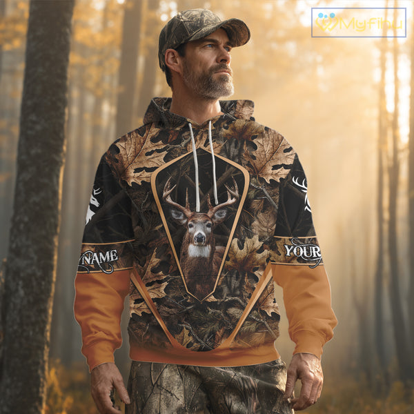 Personalized Whitetail Deer Hunting 3D All Over Printed Hoodie Brown Autumn Leaves Camo NHT314