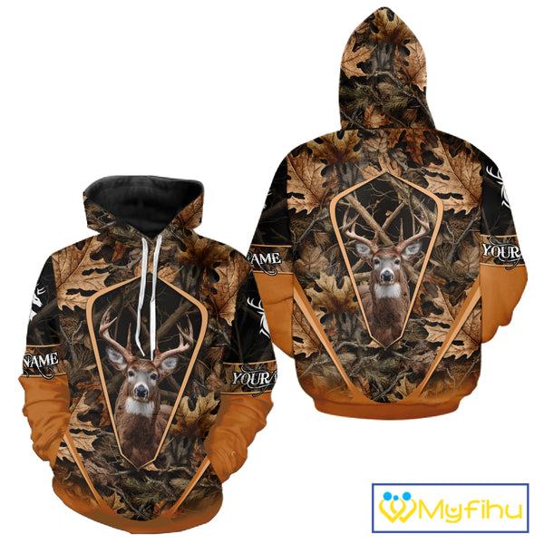 Personalized Whitetail Deer Hunting 3D All Over Printed Hoodie Brown Autumn Leaves Camo NHT314