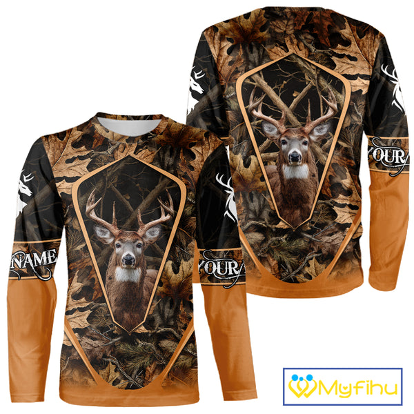 Personalized Whitetail Deer Hunting 3D All Over Printed Hoodie Brown Autumn Leaves Camo NHT314