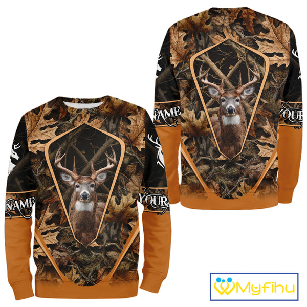 Personalized Whitetail Deer Hunting 3D All Over Printed Hoodie Brown Autumn Leaves Camo NHT314