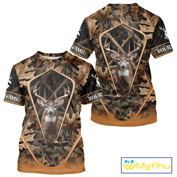 Personalized Whitetail Deer Hunting 3D All Over Printed Hoodie Brown Autumn Leaves Camo NHT314