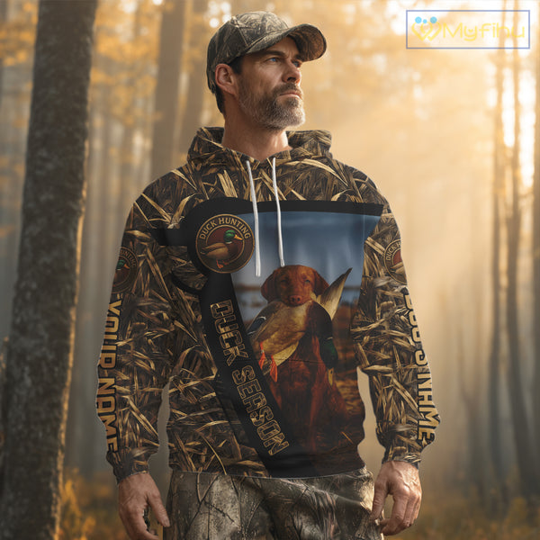 Duck Hunting Shirt Custom Name with Vizsla Dog Camo Hunting Clothes For Duck Hunters NHT153