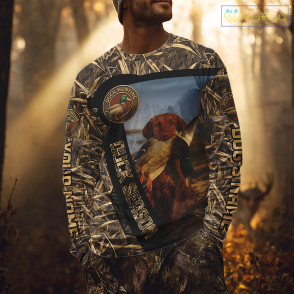 Duck Hunting Shirt Custom Name with Vizsla Dog Camo Hunting Clothes For Duck Hunters NHT153