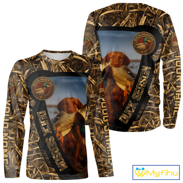 Duck Hunting Shirt Custom Name with Vizsla Dog Camo Hunting Clothes For Duck Hunters NHT153