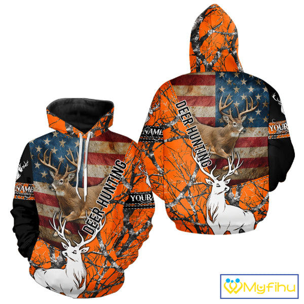 Deer Hunting Shirt Personalized 3D All Over Print Orange Camo With US Flag Hunting Clothes NHT156