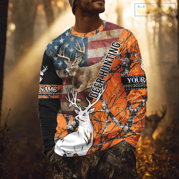 Deer Hunting Shirt Personalized 3D All Over Print Orange Camo With US Flag Hunting Clothes NHT156