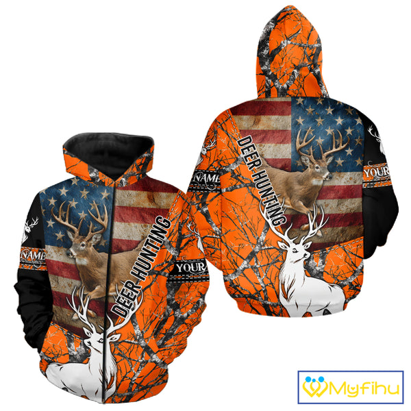 Deer Hunting Shirt Personalized 3D All Over Print Orange Camo With US Flag Hunting Clothes NHT156