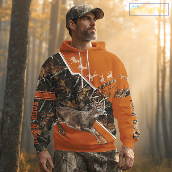 Deer Hunting Big Game Orange Camo Forest Custom Name 3D All Over Print Shirts, Hunting Shirt NHT158