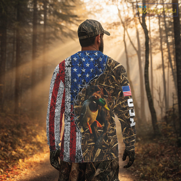 Mallard Duck Hunting Shirt Personalized Camo With German Shorthaired Pointer US Flag Clothes NHT160
