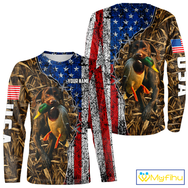 Mallard Duck Hunting Shirt Personalized Camo With German Shorthaired Pointer US Flag Clothes NHT160