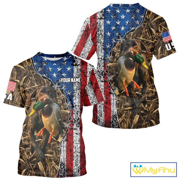 Mallard Duck Hunting Shirt Personalized Camo With German Shorthaired Pointer US Flag Clothes NHT160