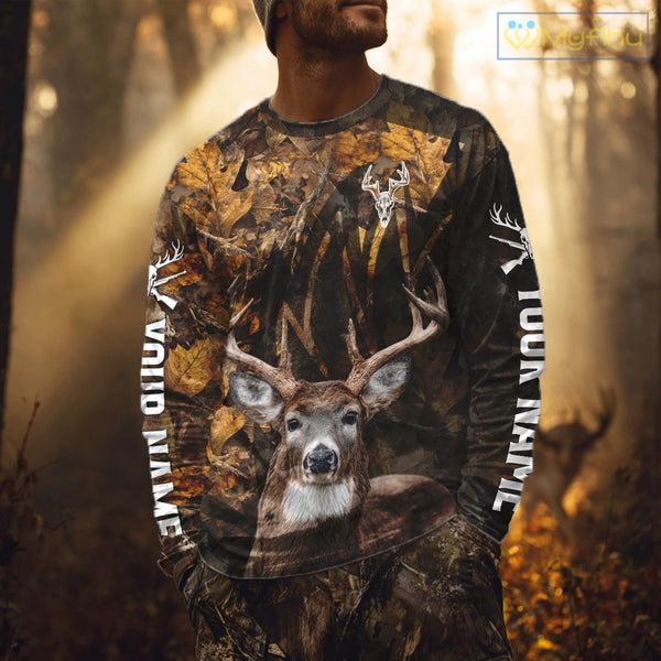 Whitetail Deer Hunting Custom Name Camo Shirt, Personalized Deer Hunting Clothing NHT257