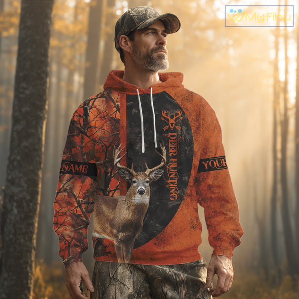 Whitetail Deer Hunting Orange Camo 3D All Over Printed Shirt, Custom Name Hunting Shirt NHT259