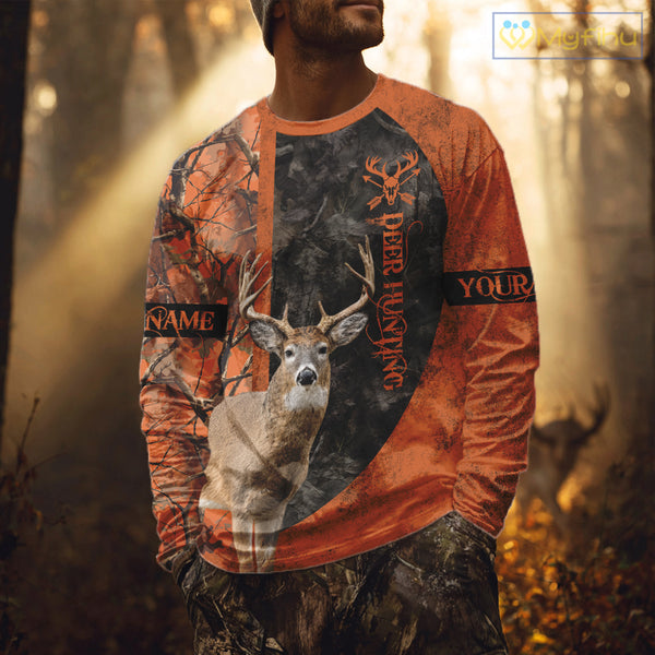 Whitetail Deer Hunting Orange Camo 3D All Over Printed Shirt, Custom Name Hunting Shirt NHT259
