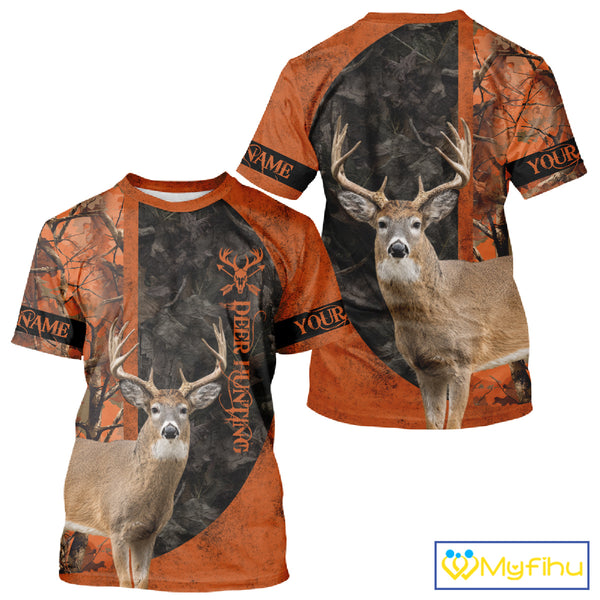 Whitetail Deer Hunting Orange Camo 3D All Over Printed Shirt, Custom Name Hunting Shirt NHT259