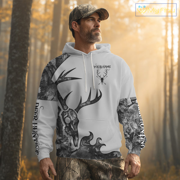 Deer Hunting Shirt Best 3D All Over Print Skull Deer Personalized Name Gray Camo NHT62