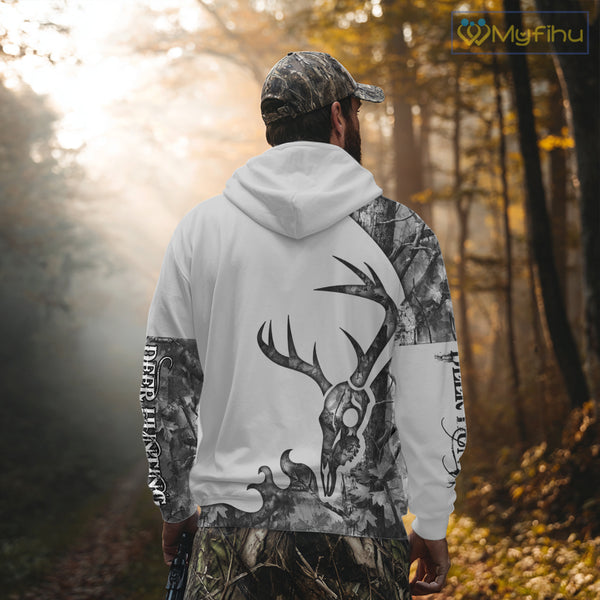 Deer Hunting Shirt Best 3D All Over Print Skull Deer Personalized Name Gray Camo NHT62
