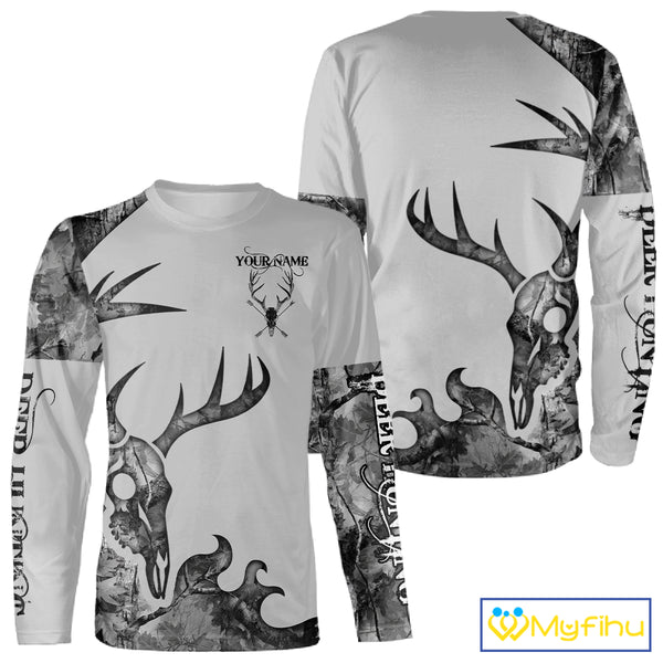 Deer Hunting Shirt Best 3D All Over Print Skull Deer Personalized Name Gray Camo NHT62