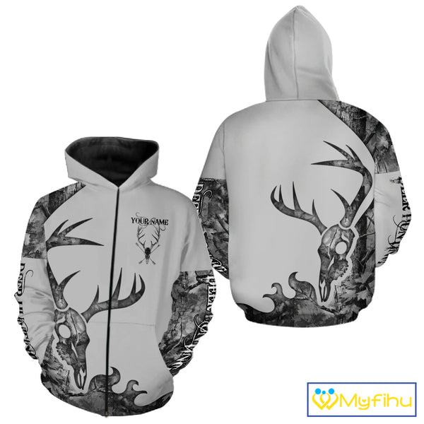 Deer Hunting Shirt Best 3D All Over Print Skull Deer Personalized Name Gray Camo NHT62