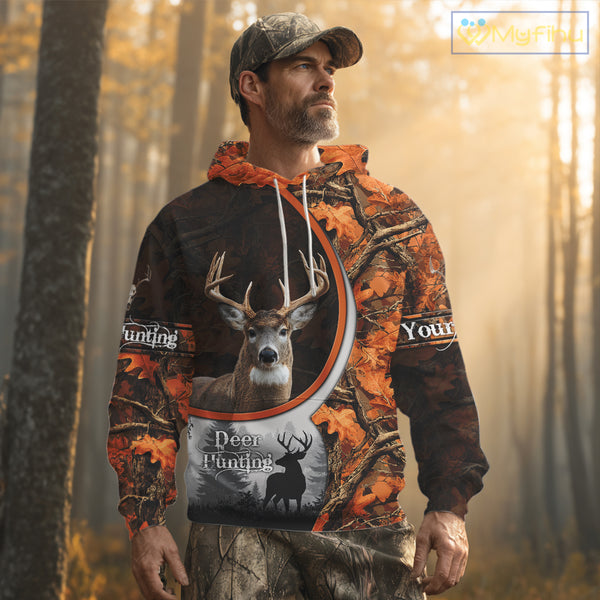 Personalized Deer Hunting 3D All Over Printed Hoodie Orange Autumn Leaves Camo, Hunting Gift NHT322