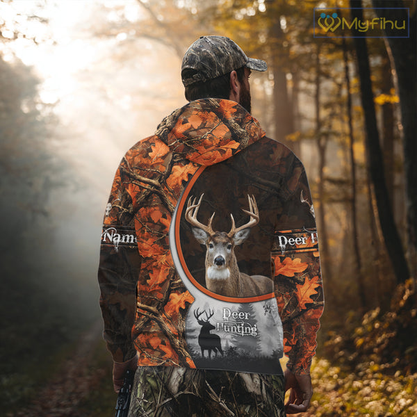 Personalized Deer Hunting 3D All Over Printed Hoodie Orange Autumn Leaves Camo, Hunting Gift NHT322
