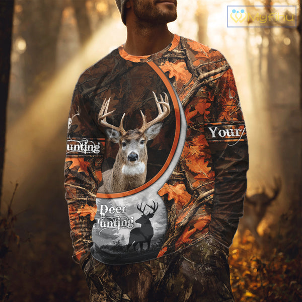 Personalized Deer Hunting 3D All Over Printed Hoodie Orange Autumn Leaves Camo, Hunting Gift NHT322