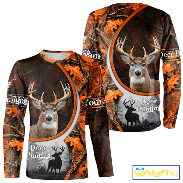 Personalized Deer Hunting 3D All Over Printed Hoodie Orange Autumn Leaves Camo, Hunting Gift NHT322