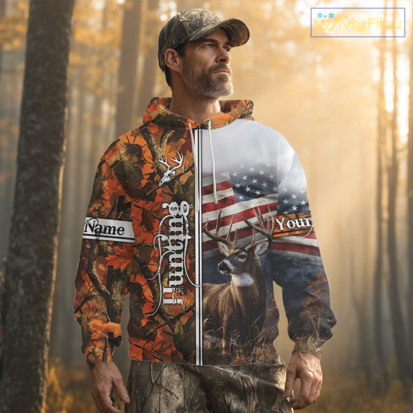 Custom Camouflage Deer Hunting With US Flag For Men, Hoodie Hunting Shirt NHT323