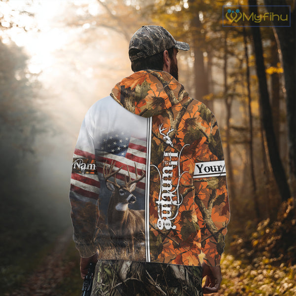 Custom Camouflage Deer Hunting With US Flag For Men, Hoodie Hunting Shirt NHT323