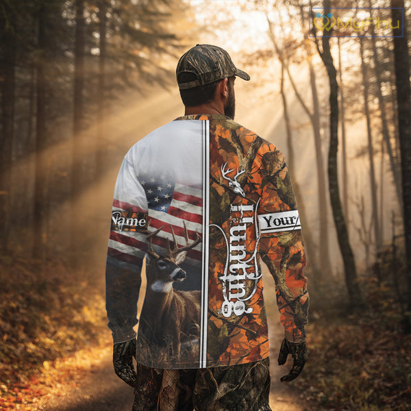 Custom Camouflage Deer Hunting With US Flag For Men, Hoodie Hunting Shirt NHT323