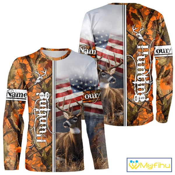 Custom Camouflage Deer Hunting With US Flag For Men, Hoodie Hunting Shirt NHT323