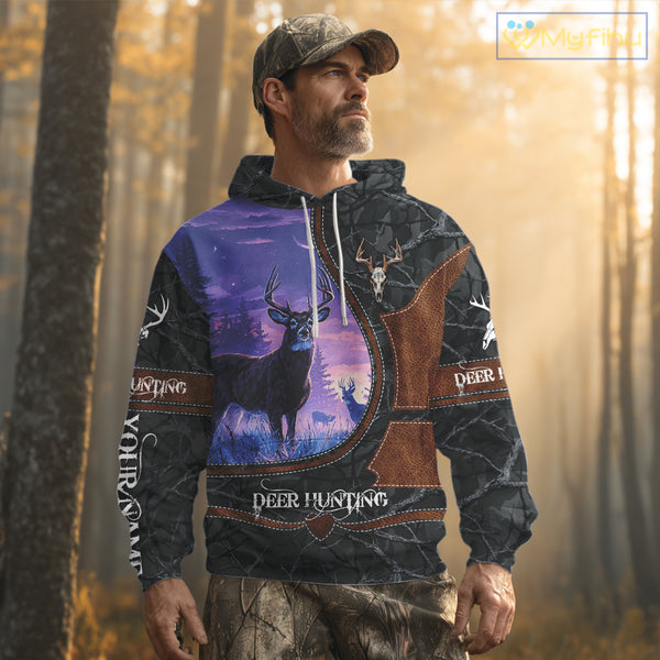 Custom 3D Whitetail Deer Hunting Shirt With Night Forest Scene, Camo Pattern And Skull Design NHT76