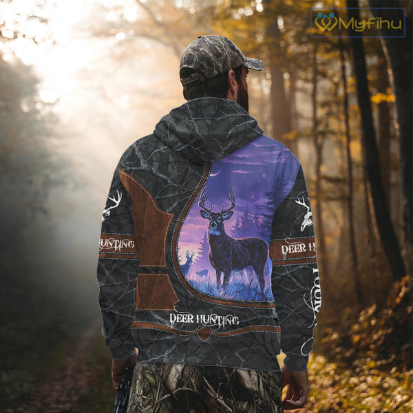 Custom 3D Whitetail Deer Hunting Shirt With Night Forest Scene, Camo Pattern And Skull Design NHT76