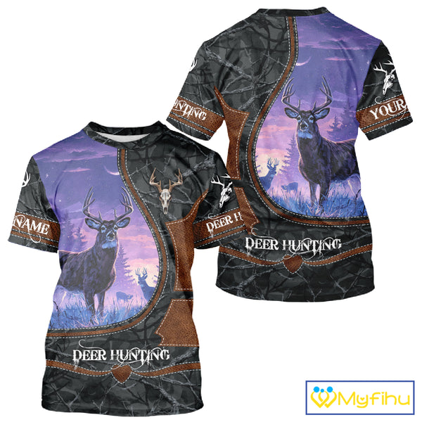 Custom 3D Whitetail Deer Hunting Shirt With Night Forest Scene, Camo Pattern And Skull Design NHT76